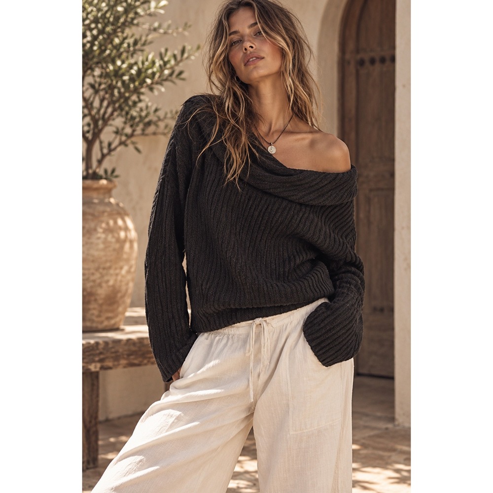 Princess Polly Black Ribbed Off Shoulder Cowl Neck Sweater S/M KJ23803-BLK-EC